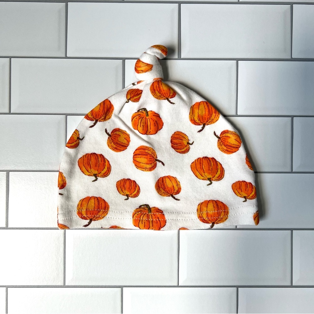 0-6M🎃 Baby Pumpkin Printed Knotted Hat Halloween Fall Autumn Style